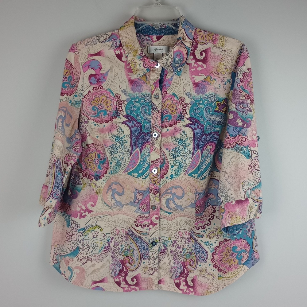 CJ Banks Womens X Multicolor Paisley 3/4 Sleeve Cotton Blend Button Up Shirt